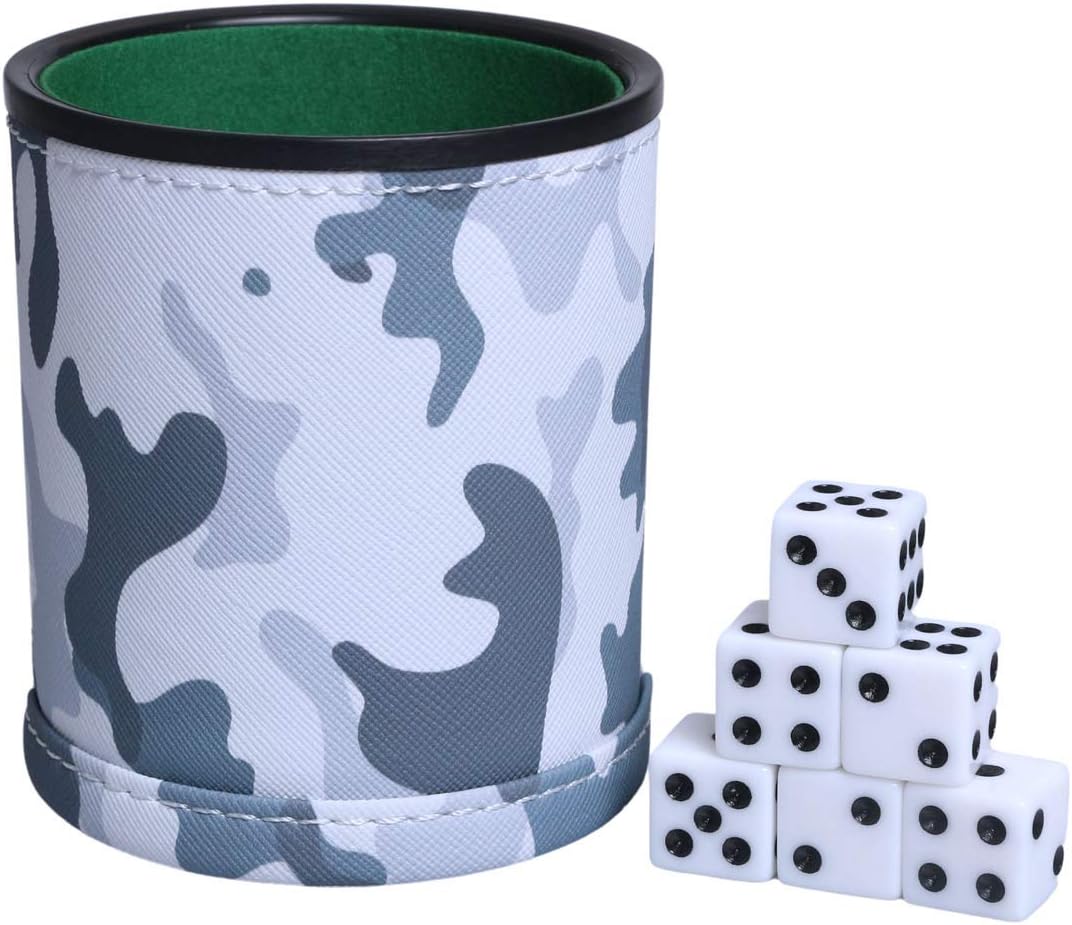 RERIVER Taza de dados de piel sintética con 6 dados, agitador silencioso interior forrado de fieltro para mentirosos dados, FarkleYahtzee, patrones