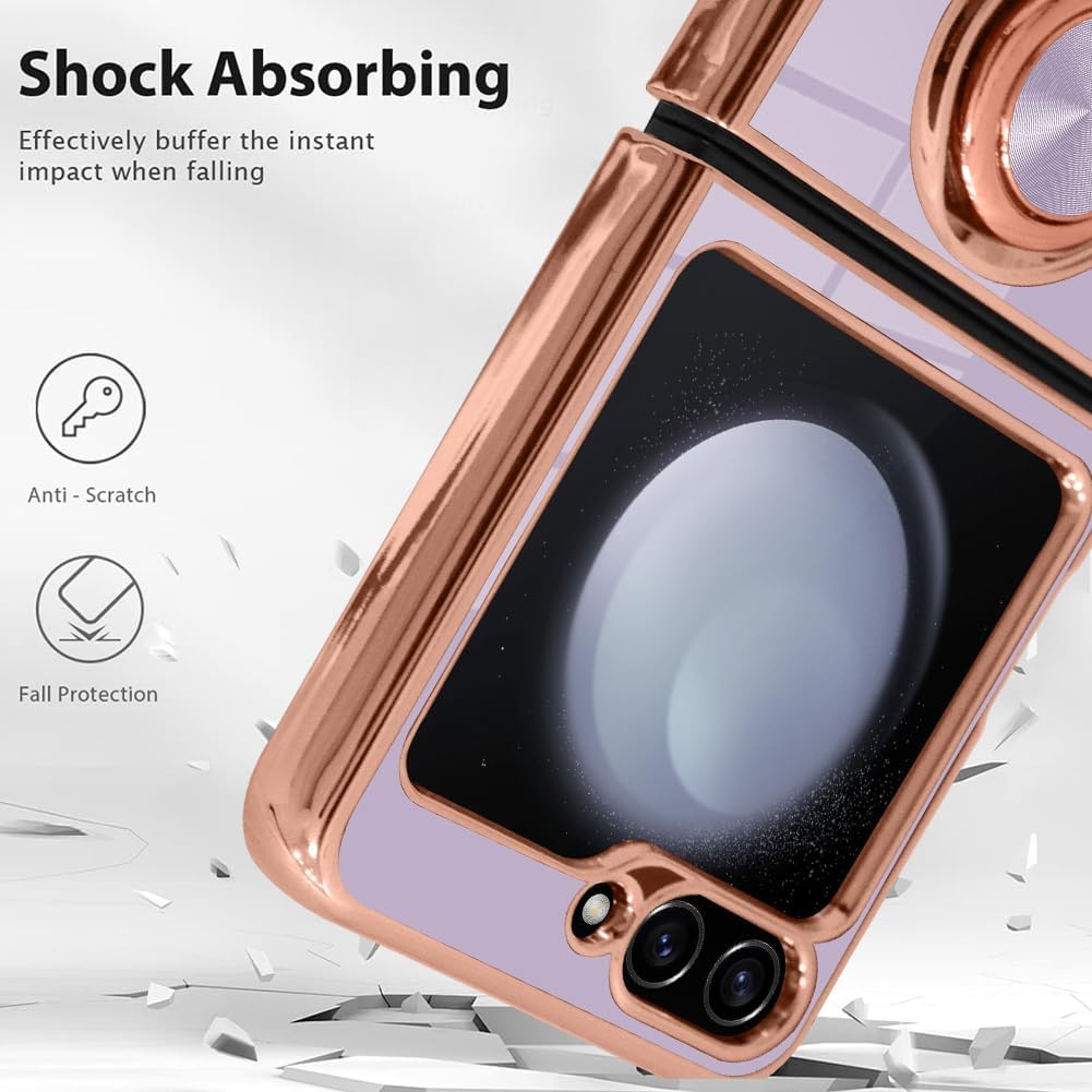 SAKUULO Funda para Samsung Galaxy Z Flip 5 con soporte de anillo magnético de rotación de 360, chapado brillante, borde dorado, suave, delgado, a