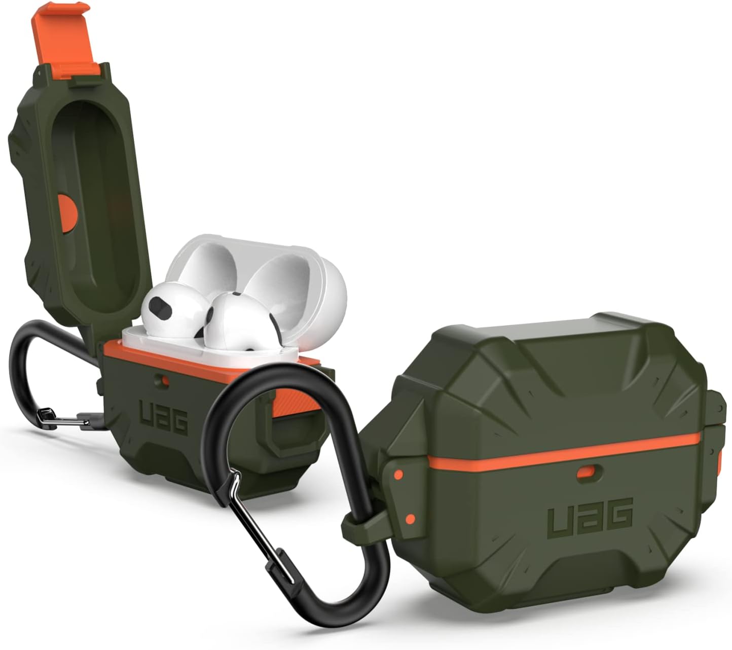 URBAN ARMOR GEAR UAG – Funda protectora duradera y suave al tacto diseñada para AirPod, color verde y naranja (3 generación, 2021) con mosquetón