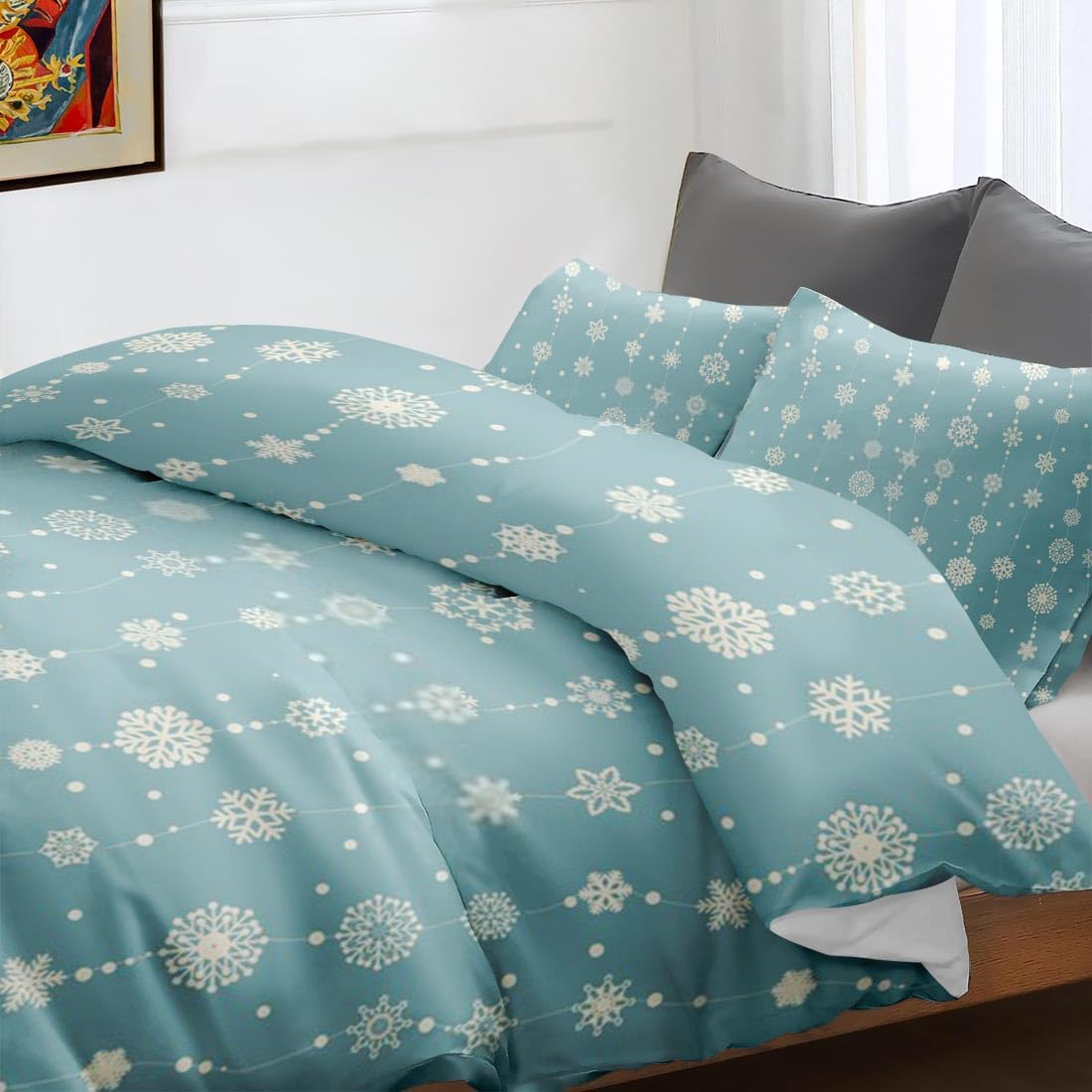 Juego de funda de edredón, copos de nieve de Navidad, juego de ropa de cama azul retro para niños y adultos, decoración de dormitorio, juego de