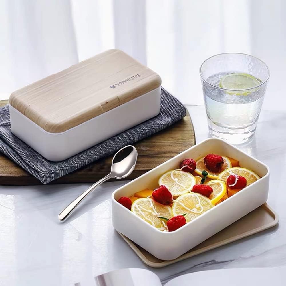 Lonchera Bento original estilo japonés de 2 capas con utensilios, cuchara y tenedor, divisor para ensalada para hombres y mujeres (blanco)