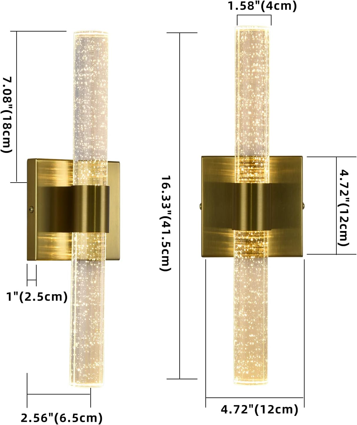 Juego de 2 apliques de pared dorados con luces LED de cristal para tocador de baño, paquete de 2 apliques de cristal modernos para montaje en pared