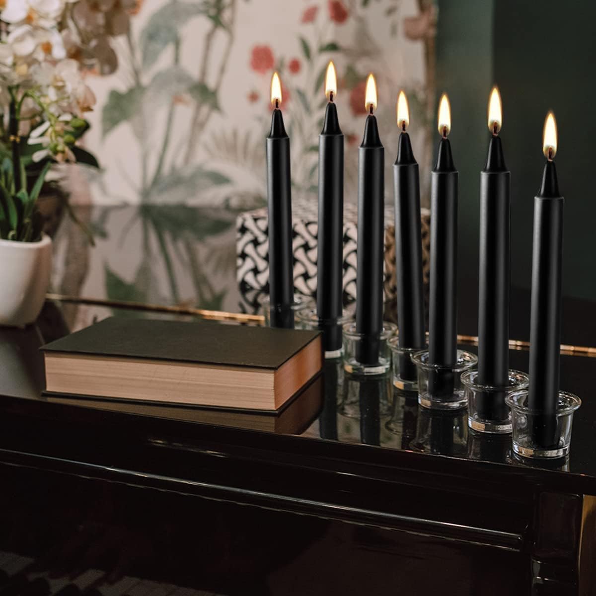 Vela cónica sin goteo de 4 pulgadas (negro), juego de 20 unidades, vela sin humo para Halloween, cena, fiesta, shabat, 1.5 horas