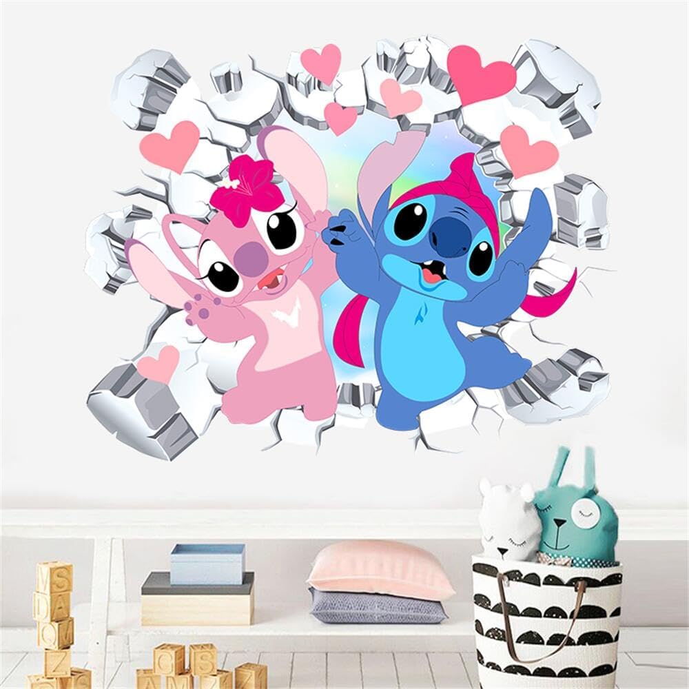 FANG LIAN – Calcomanías de pared de Lilo y Stitch, calcomanías de pared de dibujos animados, diseño de puntada extraíble, decoración mural para