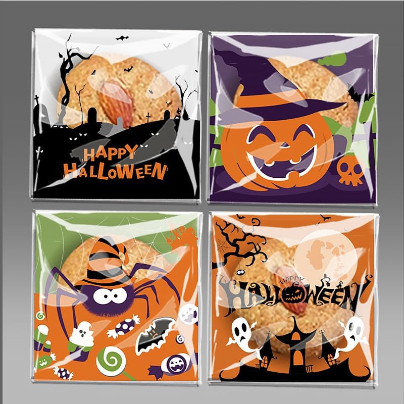 200 bolsas de celofán para dulces de Halloween, autoadhesivas, transparentes, bolsas de regalo para suministros de fiesta de Halloween (3.94 x 3.94