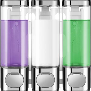 Nidouillet Dispensador de champú y acondicionador de pared, dispensador de jabón de ducha de 3 cámaras, dispensador adhesivo montado en la pared, Nidouillet Dispensador de champú y acondicionador de pared, dispensador de jabón de ducha de 3 cámaras, dispensador adhesivo montado en la pared,