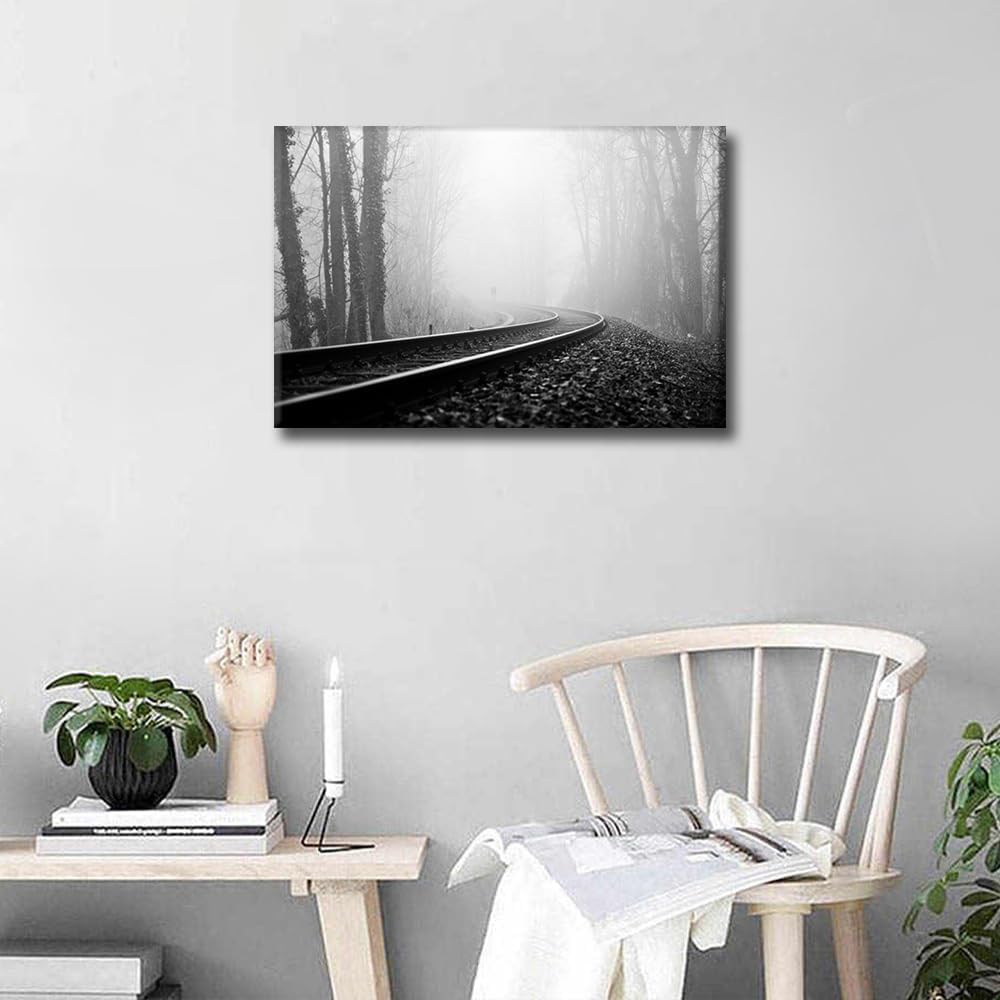 1 lienzo decorativo para pared, ferrocarril a través del bosque de pinos con niebla, decoración moderna para el hogar, sala de estar, arte de pared