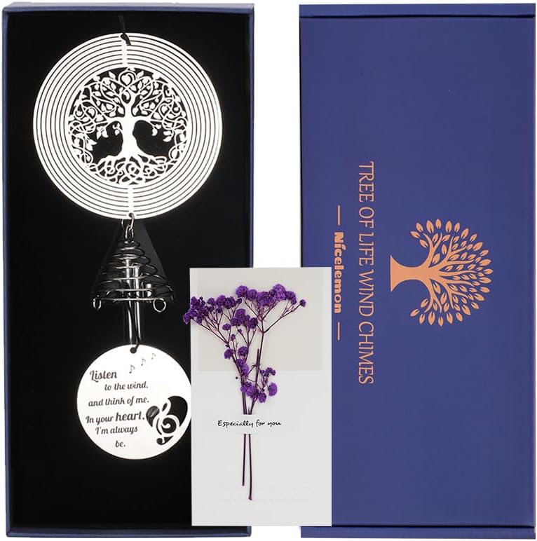 Nicelemon Campanillas de viento conmemorativas para exteriores con árbol de la vida, campanillas de viento de condolencias por pérdida de un ser