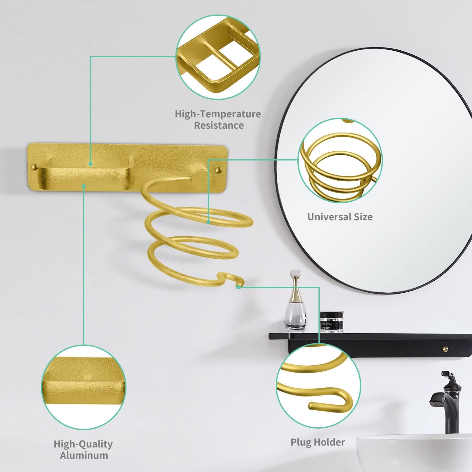 Soporte dorado para secador de pelo, soporte para secadora de pelo, montado en la pared, organizador de herramientas para el cuidado del cabello,