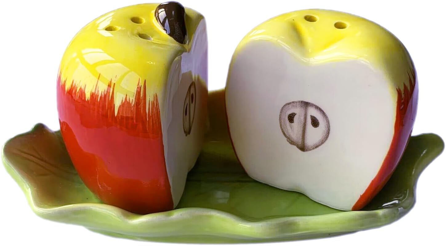 Juego de 2 saleros y pimenteros de frutas de cerámica, recipientes de almacenamiento para dispensadores de especias, manzana