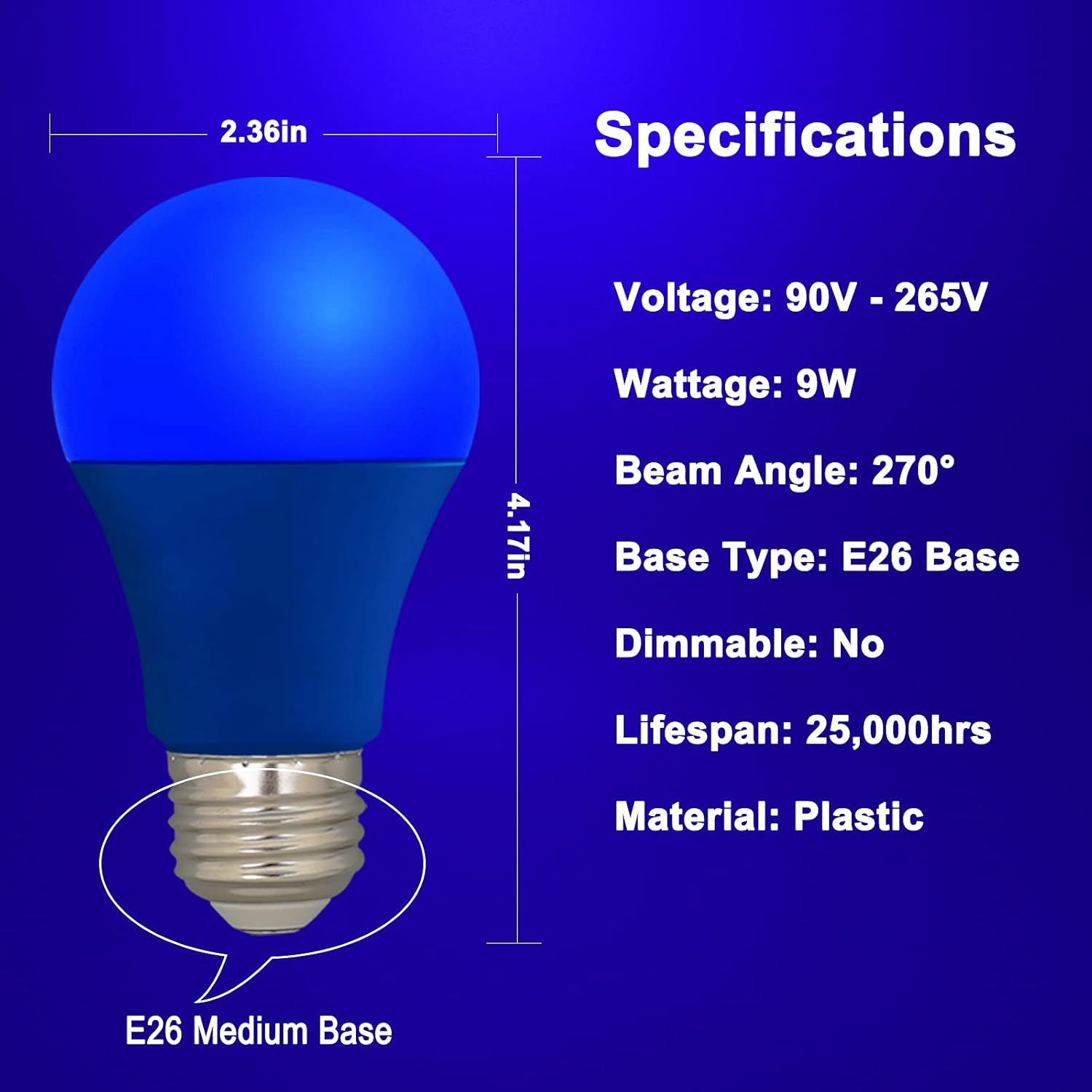 Bombilla LED de color azul  Base A19 E26 bombillas azules de 9 W (equivalente a 60 W), bombillas azules perfectas para porche al aire libre,