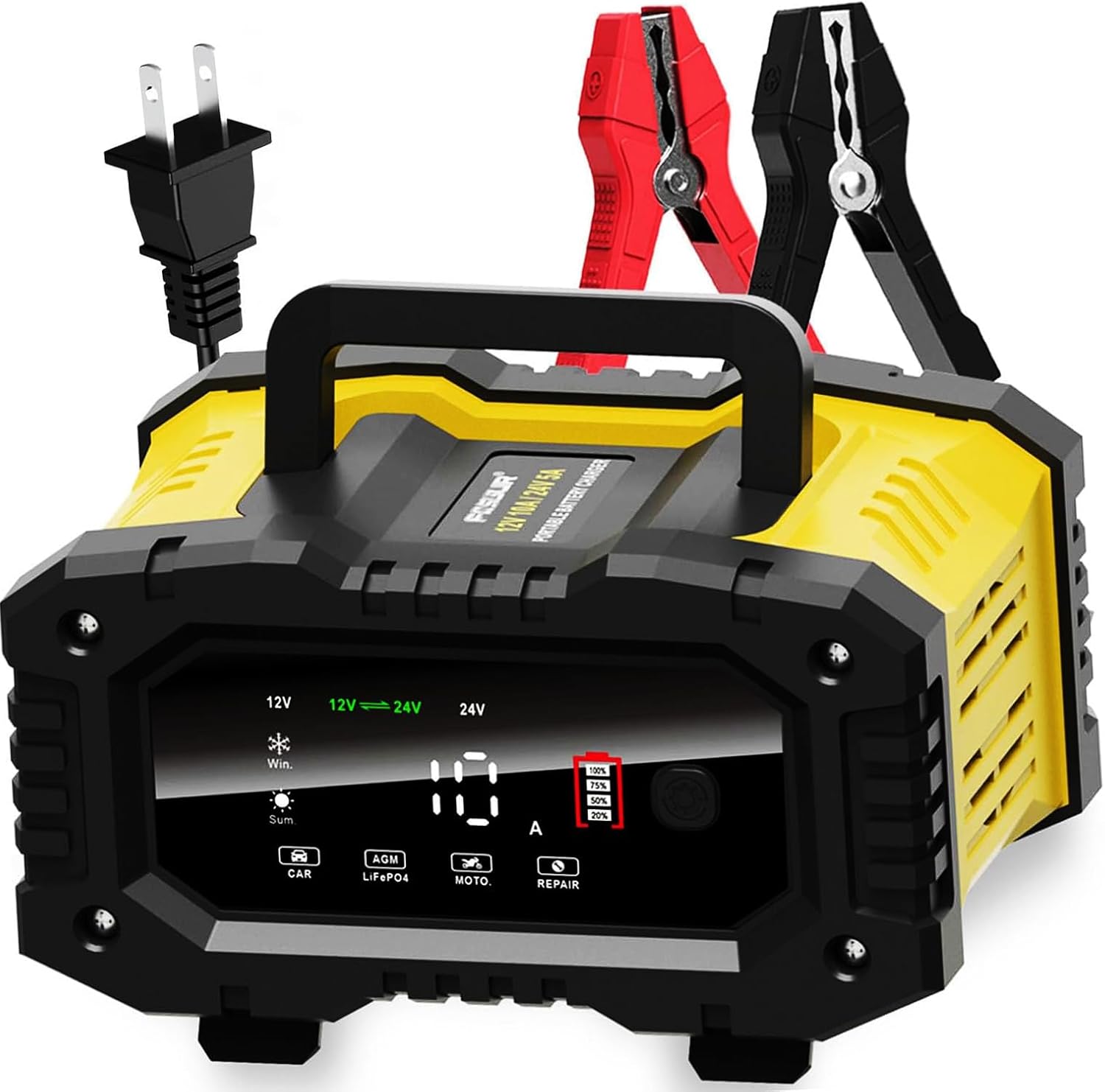 Cargador de batería de coche de 10 amperios, LiFePO4plomo-ácido de 12 V y 24 V (AGMGelSLA..) Cargador de batería automotriz, mantenedor de batería,