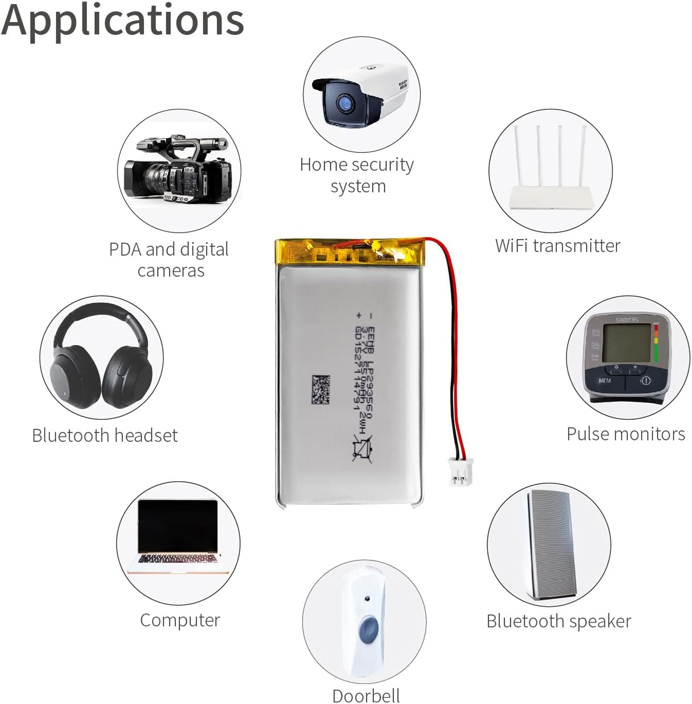 EEMB Batería de polímero de litio 3.7V 550mAh 293560 Lipo Batería recargable con conector JST de cable para altavoz y dispositivo inalámbrico