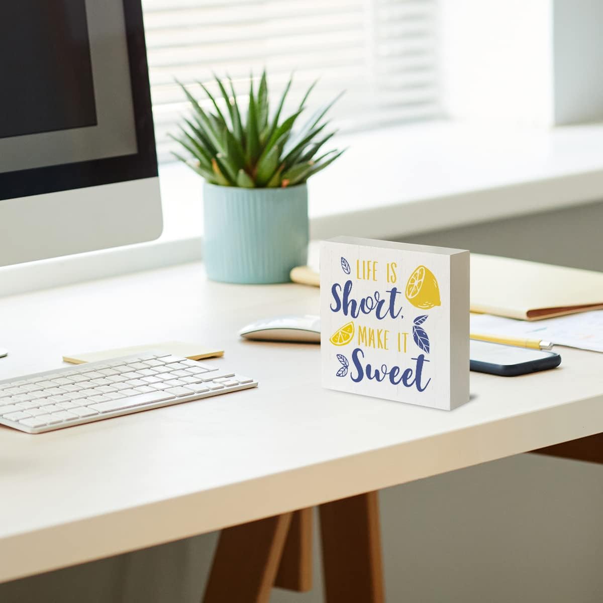 Cartel de madera de limón rústico con texto en inglés Rustic Life is Short Make It Sweet Lemon, letrero decorativo de verano, placa de bloque para