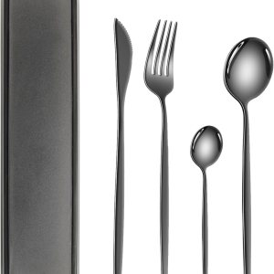 Juego de cubiertos portátiles negros con estuche, cubiertos, tenedores, cucharas, cuchillos, cubiertos de acero inoxidable, utensilios de cocina Juego de cubiertos portátiles negros con estuche, cubiertos, tenedores, cucharas, cuchillos, cubiertos de acero inoxidable, utensilios de cocina