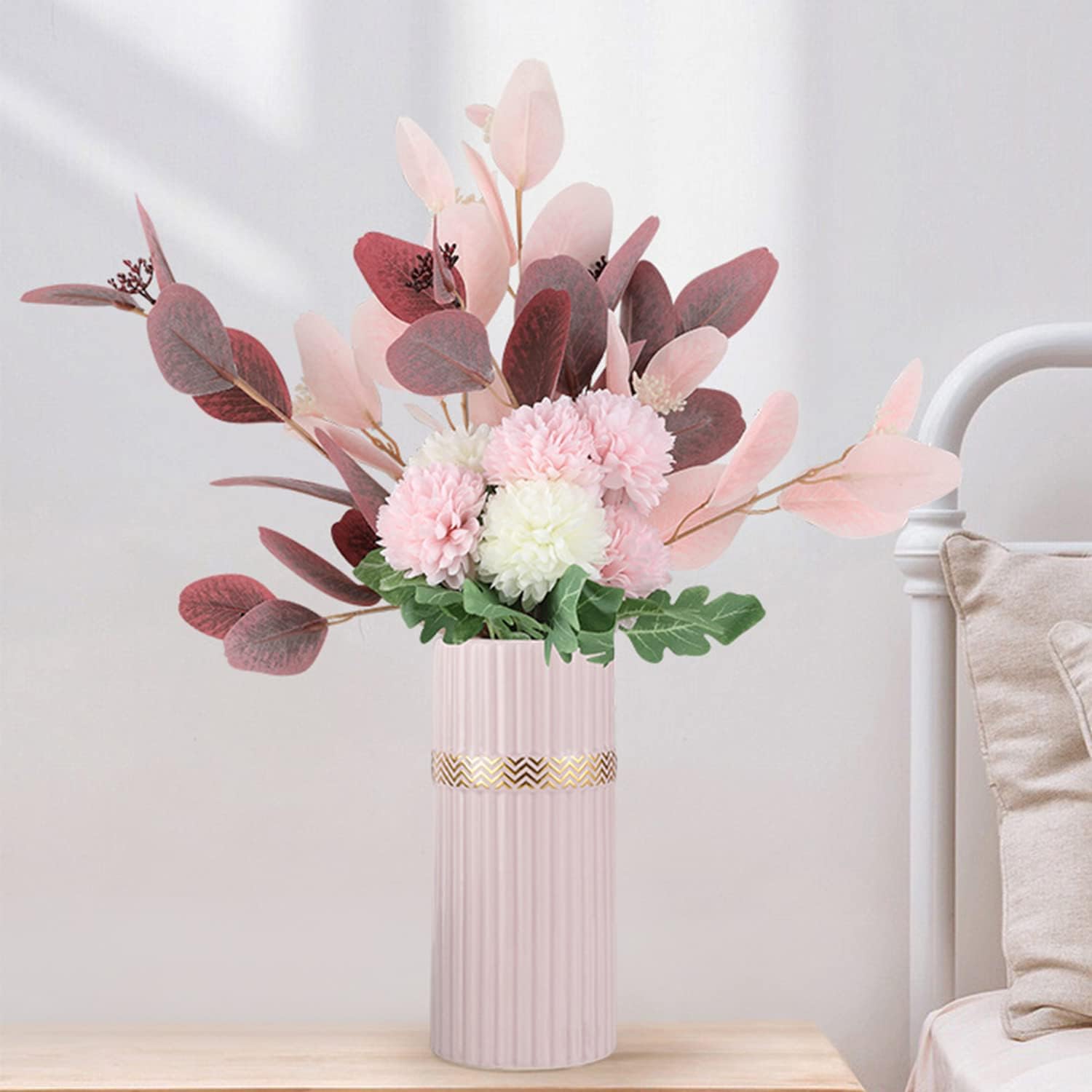 Disoza Jarrón de cerámica para decoración del hogar, jarrones de flores modernos rosas para sala de estar, 8.5 pulgadas de alto x 3.7 pulgadas de