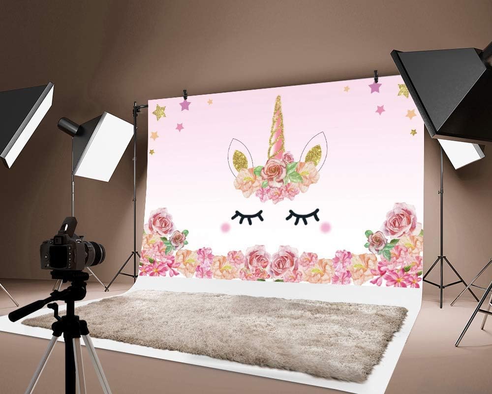 Laeacco Fondo de fotografía de unicornio de 6 x 4 pies, fondo de unicornio floral rosa, decoración de fiesta de cumpleaños de bebé, cabina de fotos,