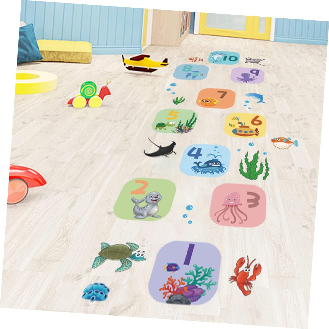 SAFIGLE 1 hoja de pegatinas decorativas de Hopscotch Game Sticker Animales Digital Hopscotch Game Rugs Nursery Room Pegatinas de suelo Pegatina de