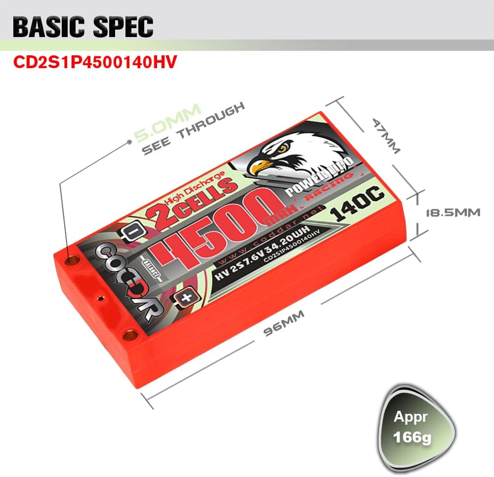 Batería LiPo de 4500mAh 2S 7.6V 140C HV con conector de bala de 0.197 in para escala 110 RC Cars RC Racing Drone FPV Quads Quadcoper