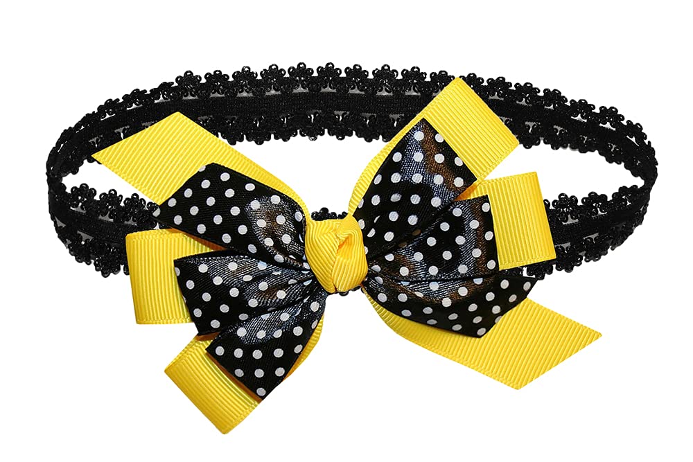 WD2U – Diadema elástica con lazo de grogrén de puntos negros para niñas (amarillo dorado)