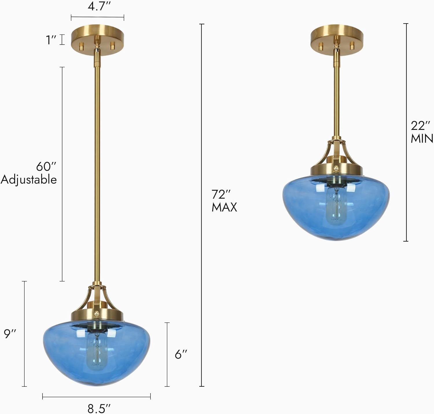 Luces colgantes de isla azul, moderna iluminación colgante dorada para isla de cocina, luces colgantes de vidrio para comedor