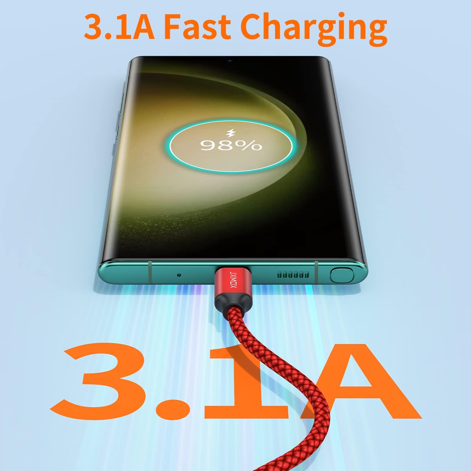 JXMOX Cable USB C, USB A a tipo C 3A de carga rápida (paquete de 2 unidades de 10 pies), cable de carga larga compatible con Samsung Galaxy S10 S9