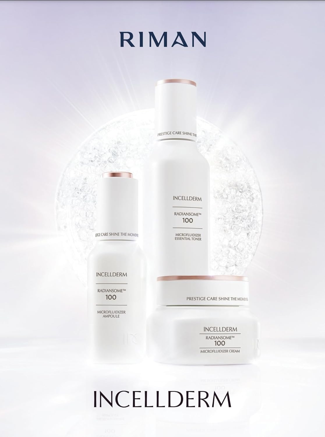 INCELLDERM Radiansome 100 Premium Korean K-Beauty Skin Care Set tóner esencial microfluidizador (3.3 fl oz), ampolla (1 fl oz), crema (1.7 fl oz)