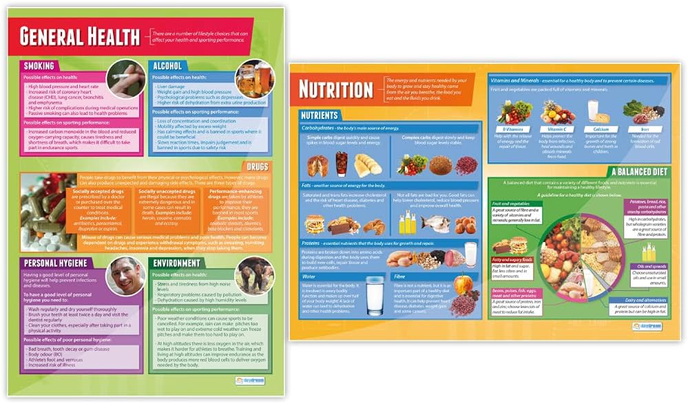 Daydream Education Pósteres de salud, fitness y bienestar  Juego de 5  Laminado  FORMATO GRANDE 33 x 23.5 pulgadas  Decoración de aula  Tablas de