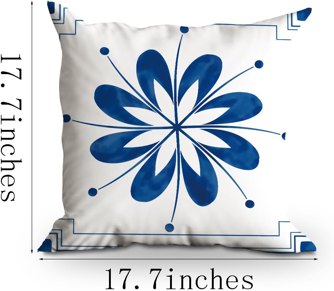 Juego de 4 fundas de almohada de arte mediterráneo, decoración de fundas de almohada de azulejos azules de 18 x 18 pulgadas, funda de almohada con