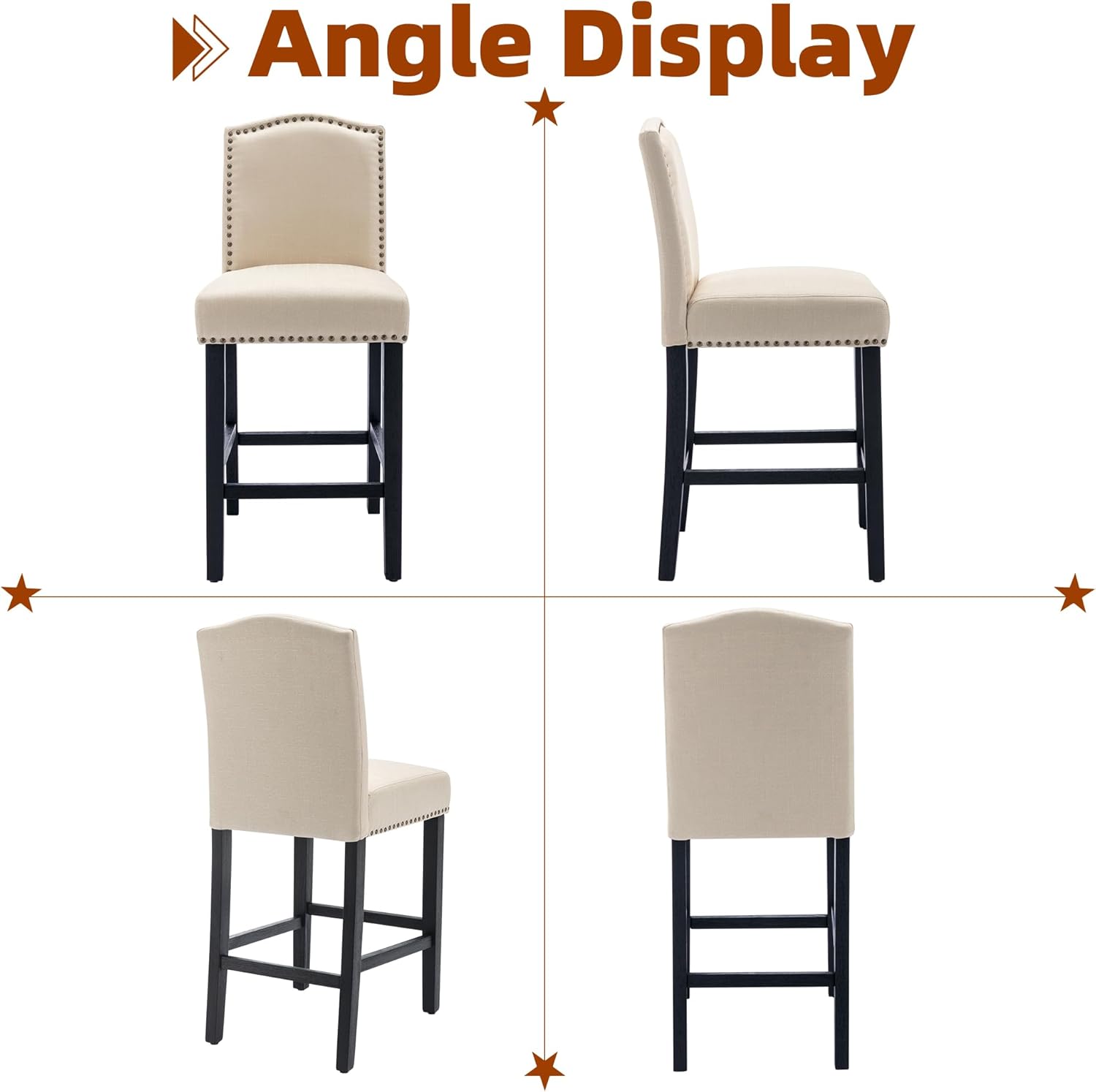 Juego de 2 taburetes de bar, sillas de mostrador con ribete de remache, taburetes de bar tapizados para isla de cocina con acogedor asiento de 26