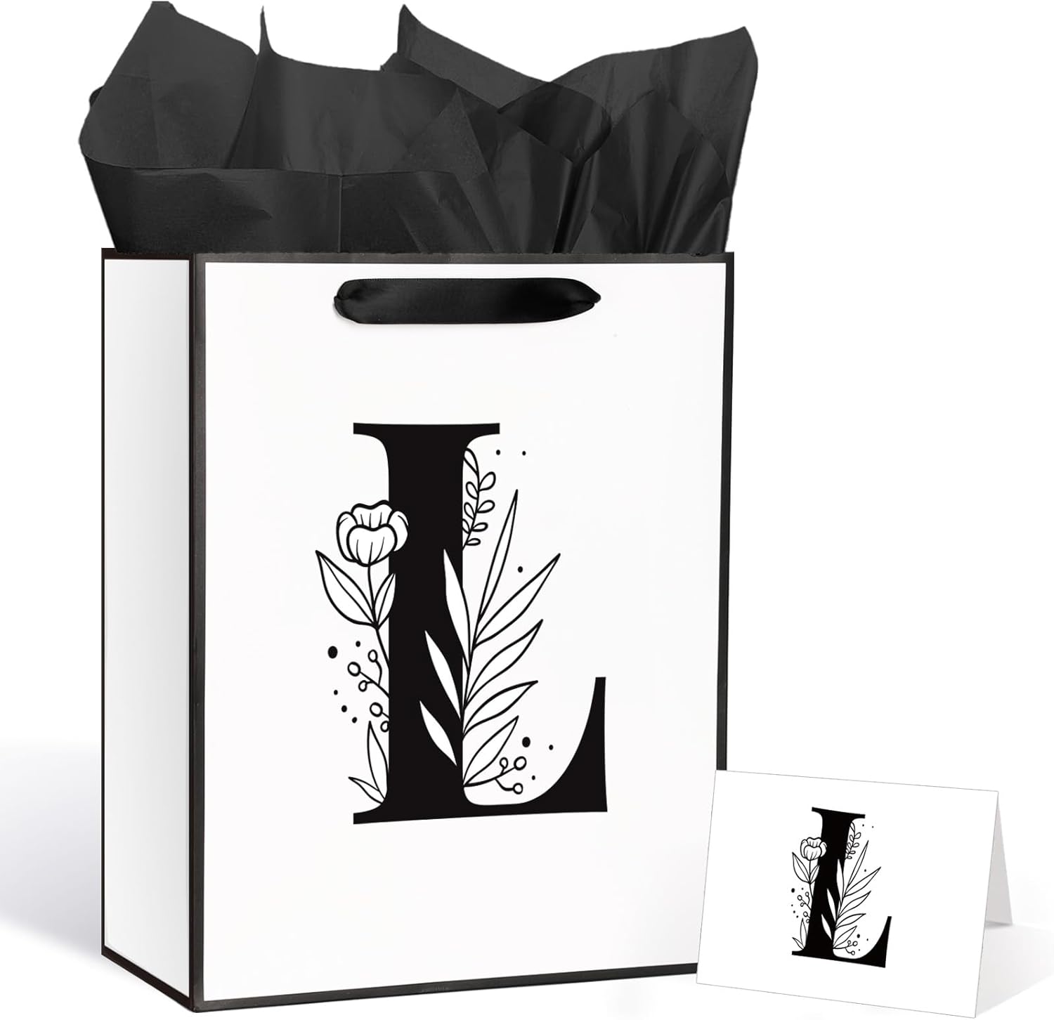 Bolsa de regalo de cumpleaños con letra L con monograma inicial con tarjeta de agradecimiento y papel de regalo para mujeres y hombres, bolsa de