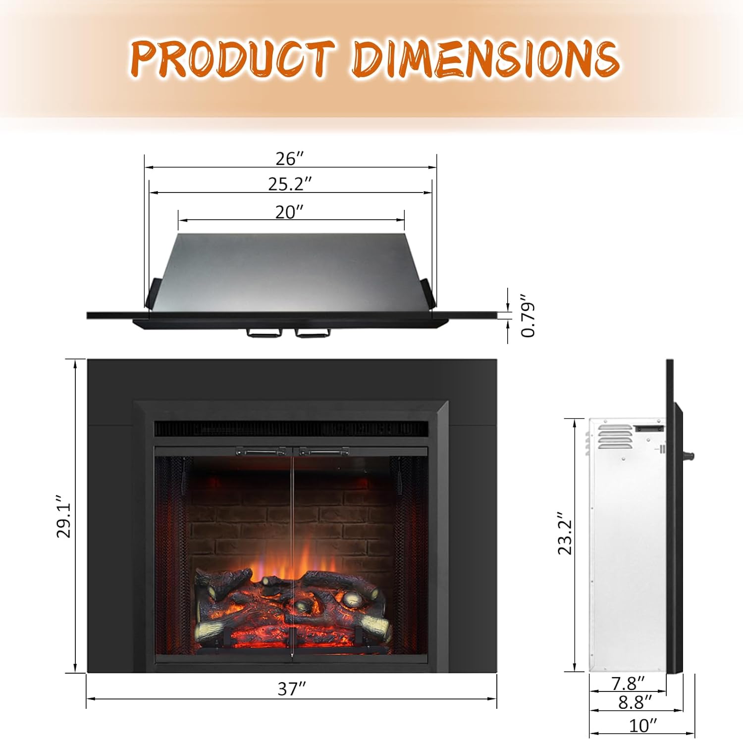 PuraFlame Klaus – Inserto de chimenea eléctrica de 26 pulgadas con kit de molduras, sonido crepitante de fuego, tronco de resina, puerta de vidrio y