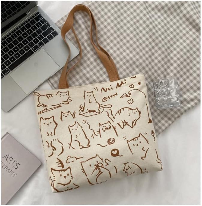 Bonita bolsa de lona con diseño de gato con cremallera, reutilizable, bolsa de compras para mujeres