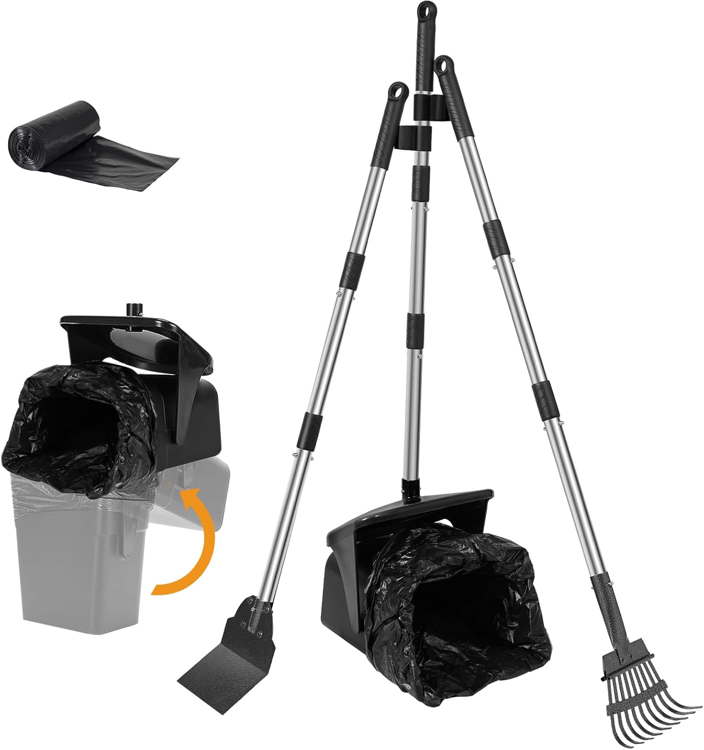 Recogedor de excremento de perro inodoro con cubo giratorio, rastrillo y pala, kit de recogedor de excrementos de perro para patio con accesorio de