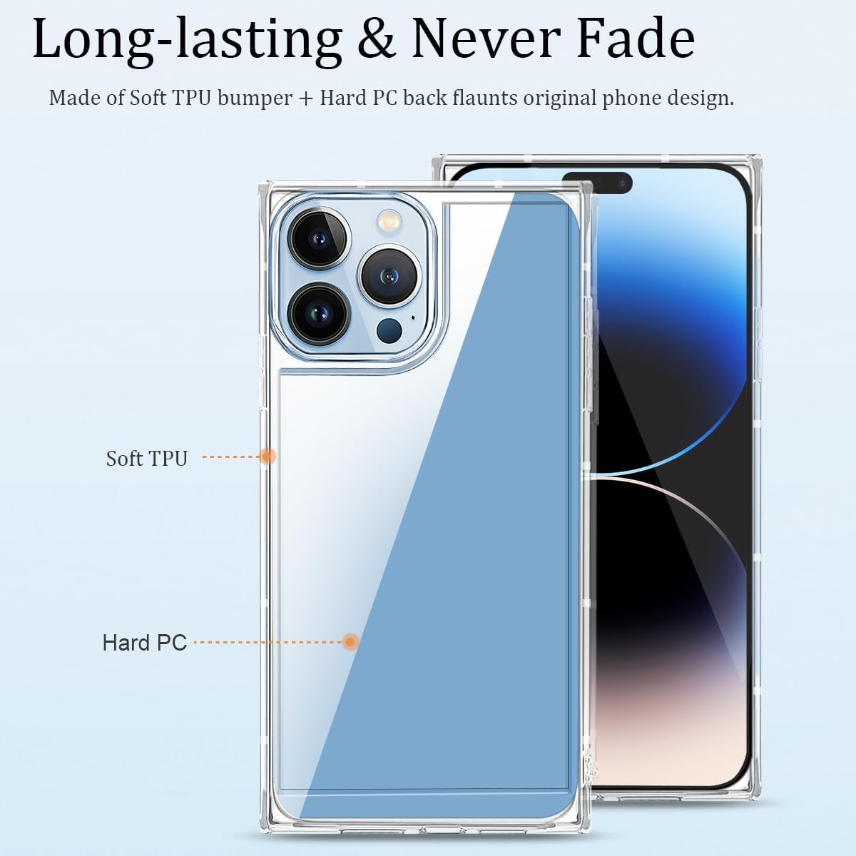 Funda cuadrada compatible con iPhone 15 Pro Max de 6.7 pulgadas, funda transparente con esquinas cuadradas reforzadas, TPU suave + policarbonato a