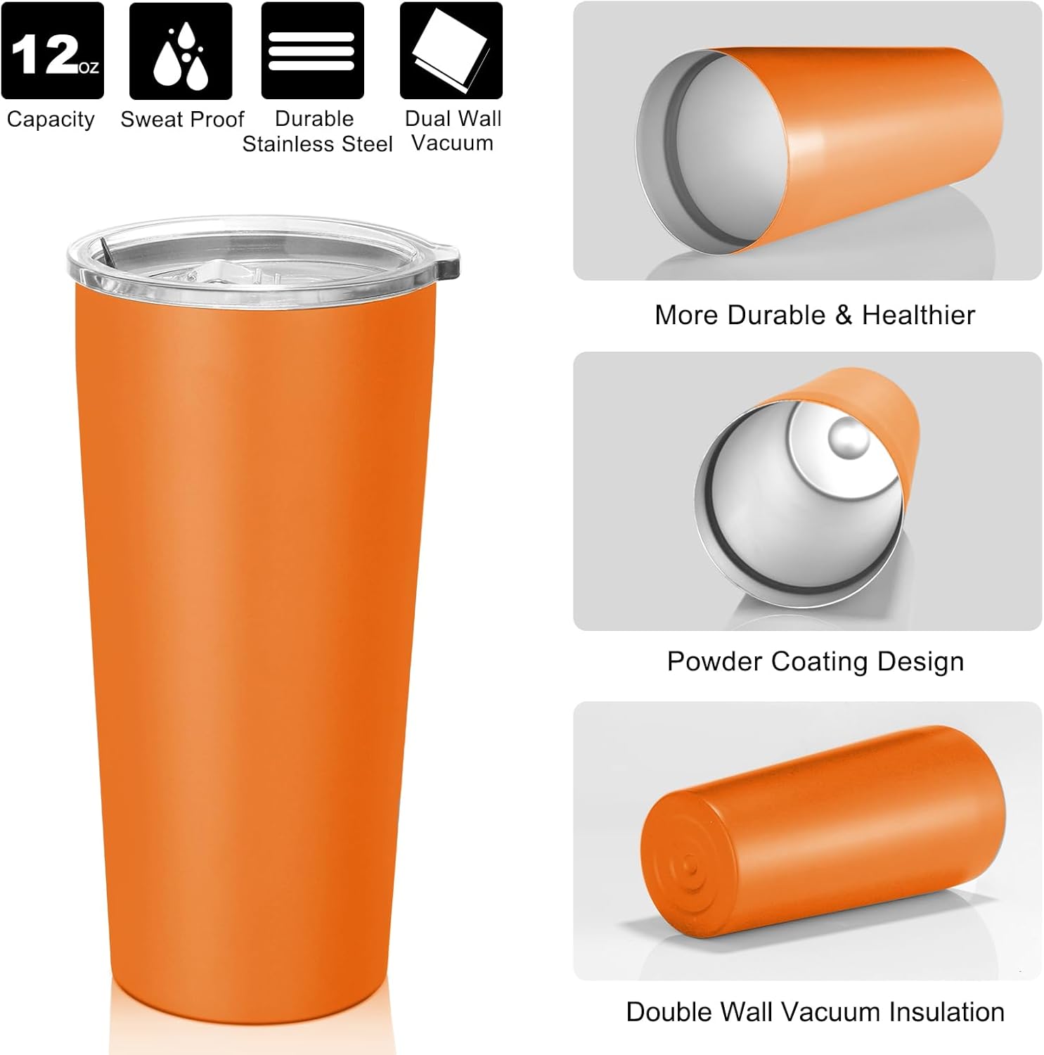 VEGOND Vaso de acero inoxidable de 20 onzas con tapa y pajita, aislado al vacío, taza de café de viaje de doble pared (paquete naranja 1)