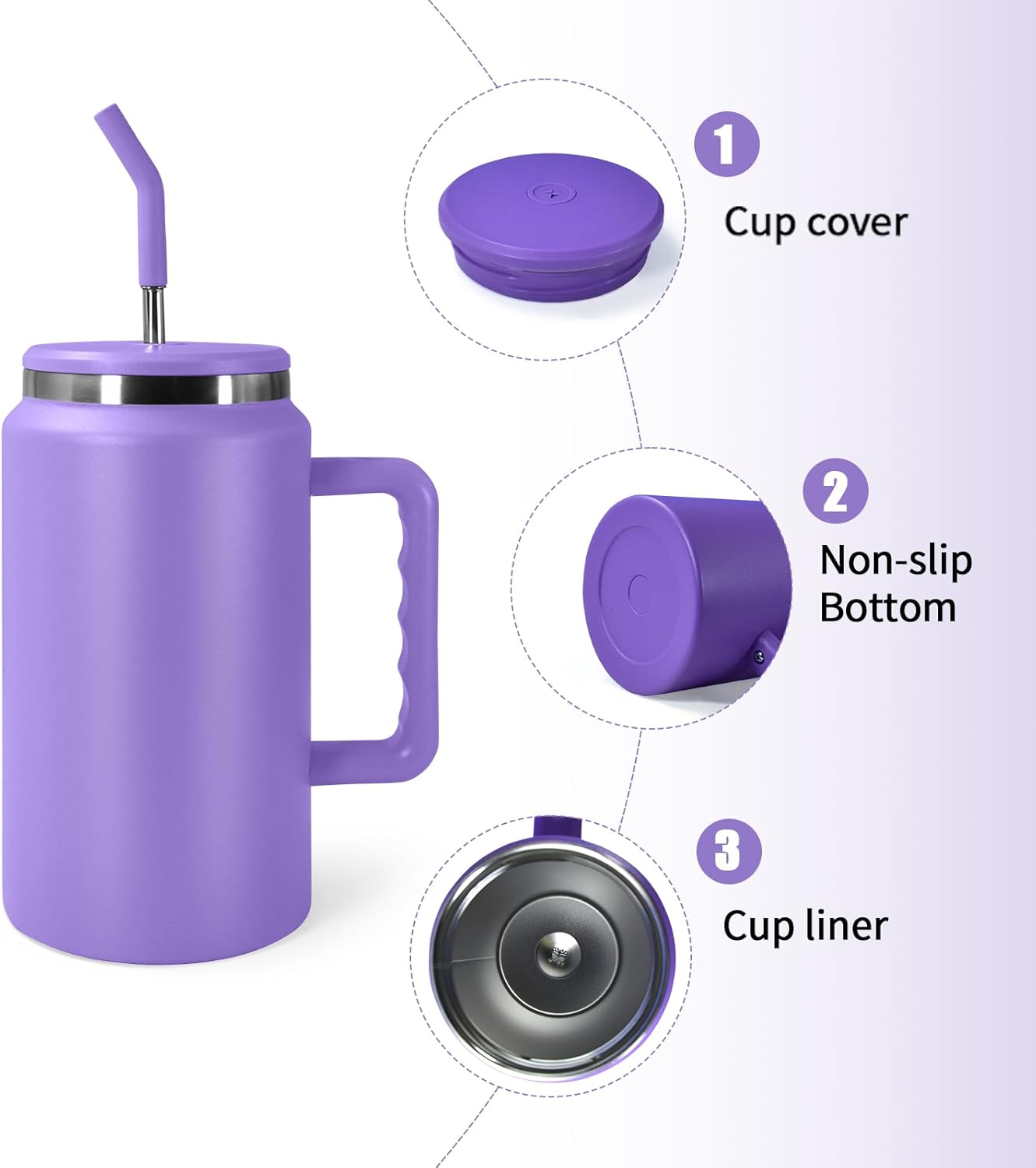 AGH Vaso de 50 onzas con asa, taza aislada de acero inoxidable de doble pared sellada al vacío con tapa y popote, mantiene el agua fría 36 horas,