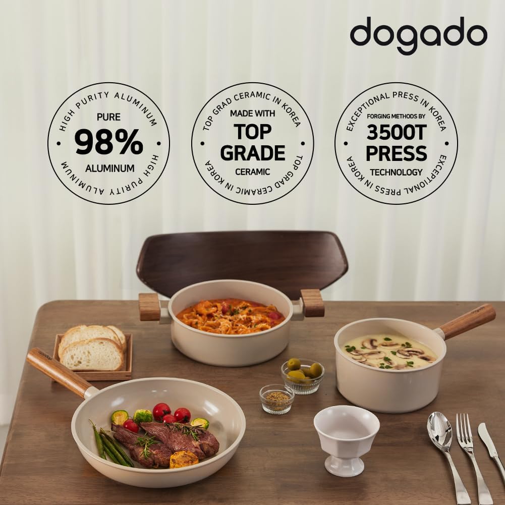 dogado Sartén orgánica y olla con mango de madera, utensilios de cocina de cerámica antiadherentes, sartén multiusos, beige arena (cacerola)