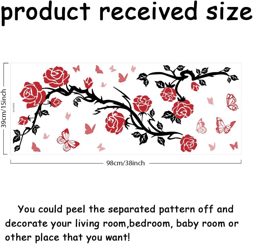 SUPERDANT Calcomanías románticas de pared de rosas rojas, mariposas rojas, calcomanías de pared con ramas negras, hojas, decoración de pared para el