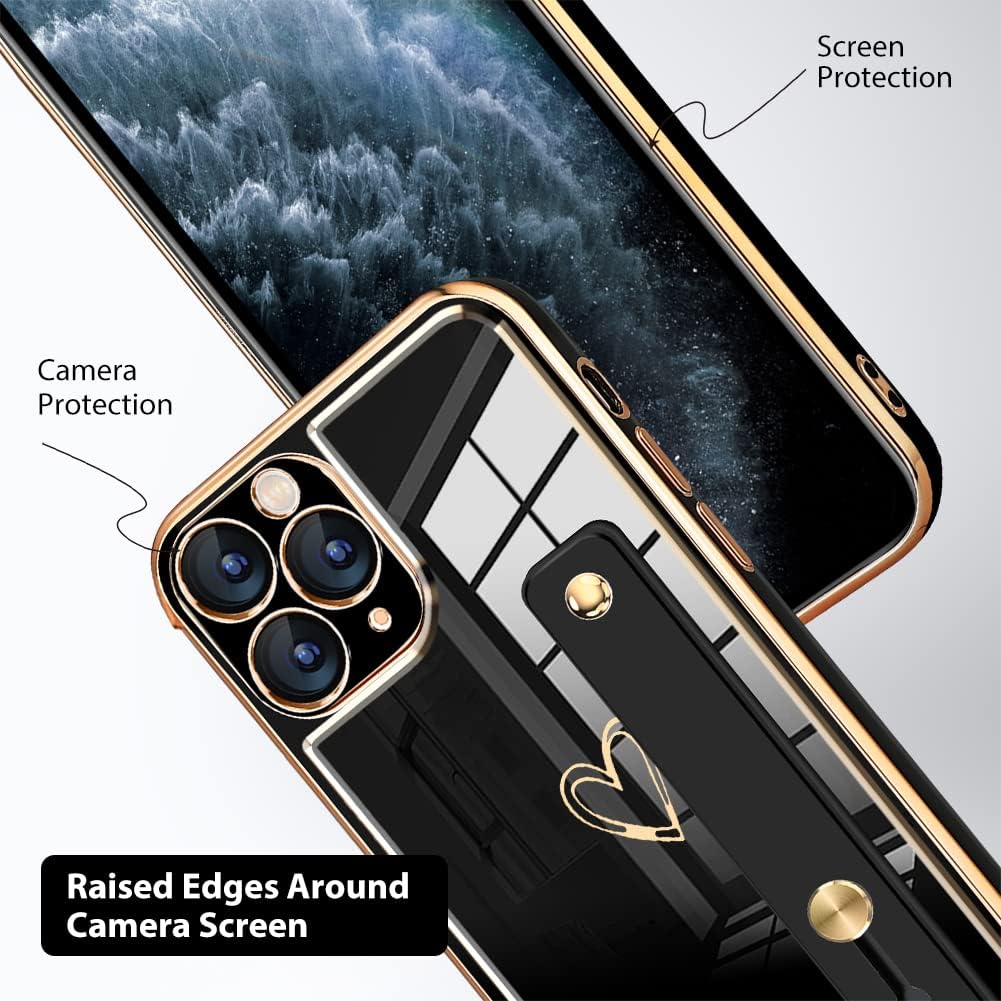 KANGHAR Funda diseñada para iPhone 11 Pro Max con correa para la muñeca, diseño de corazón chapado en oro, funda protectora delgada de cuerpo