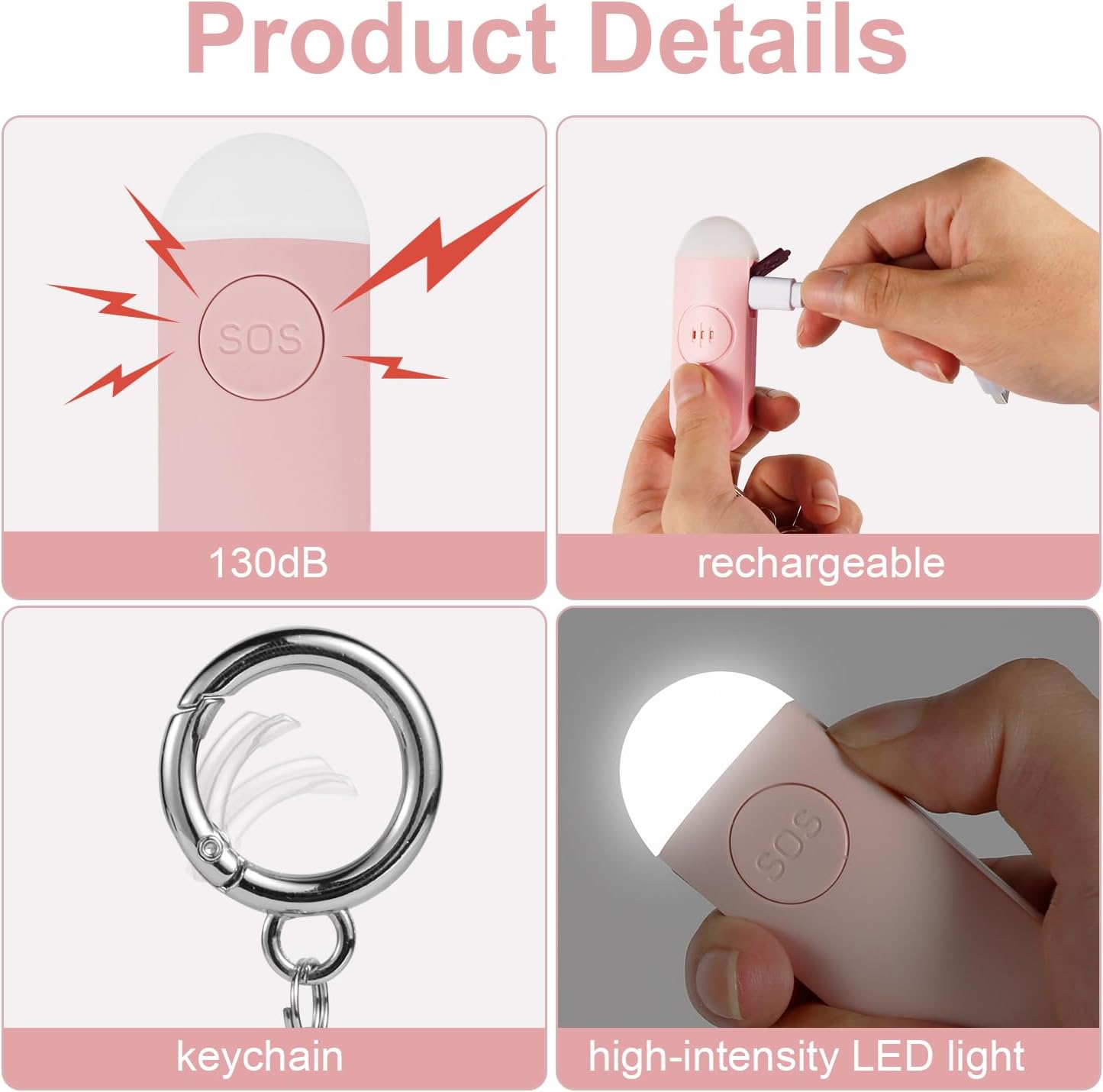 2 unidades de alarma personal recargable de seguridad para mujeres, viajan 130 dB en voz alta con botón SOS y luz estroboscópica, sonido de sirena