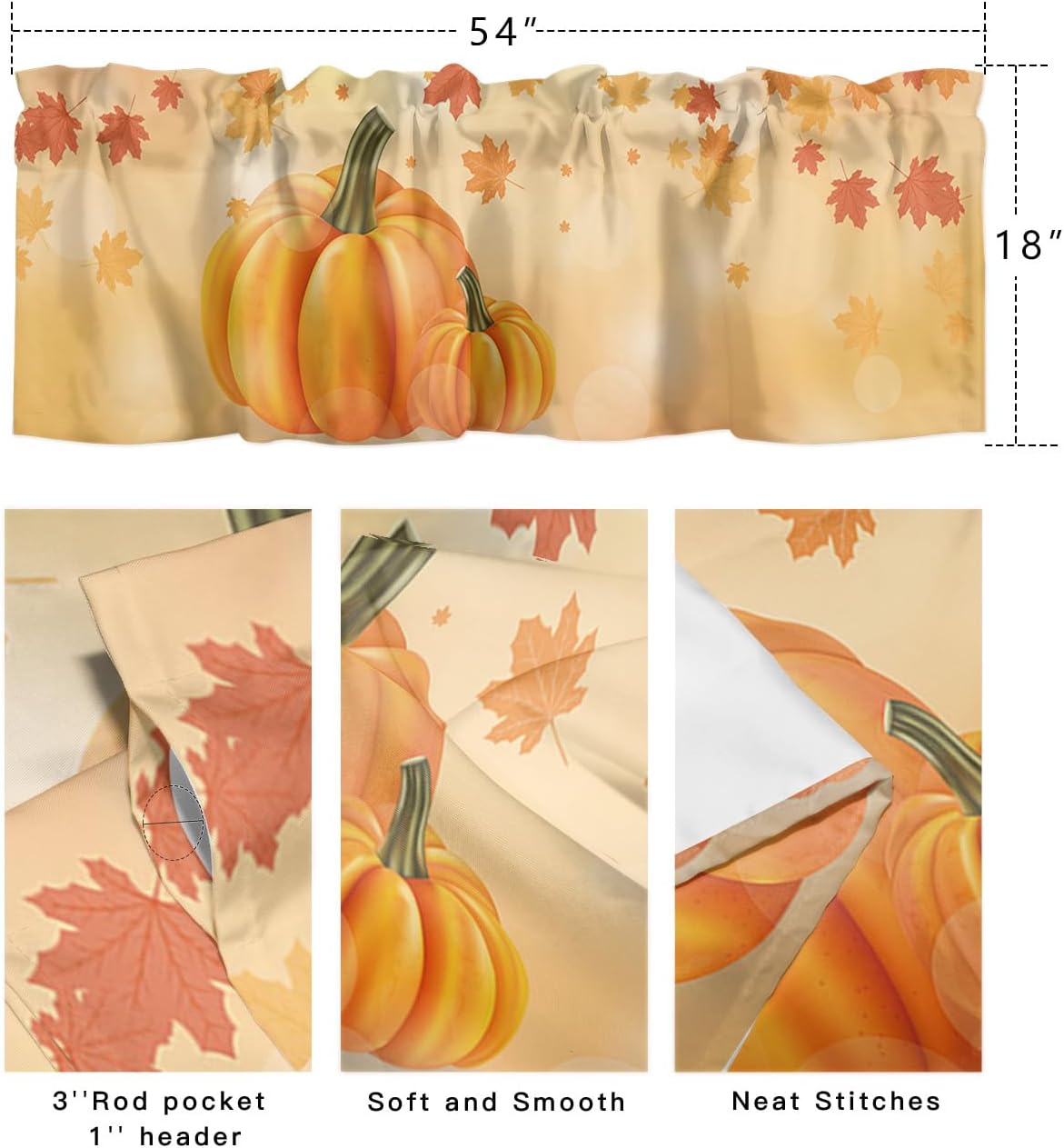 Cenefas de cortina de calabaza de otoño para ventanas, hojas de arce de Acción de Gracias, cenefa con bolsillo para barra, cortinas de ventana