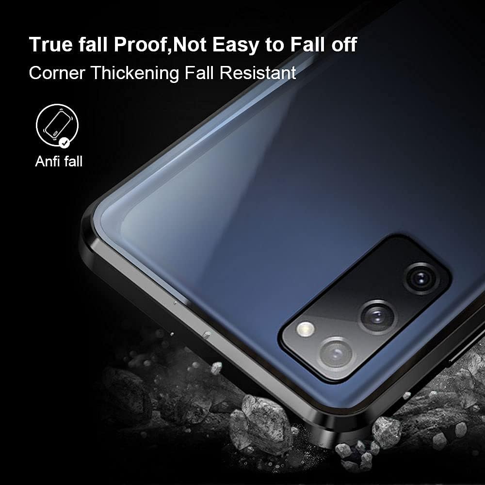 QUIETIP Funda compatible con Samsung Galaxy S20 FE, funda magnética de metal transparente de cristal, marco de metal delgado, vidrio templado de