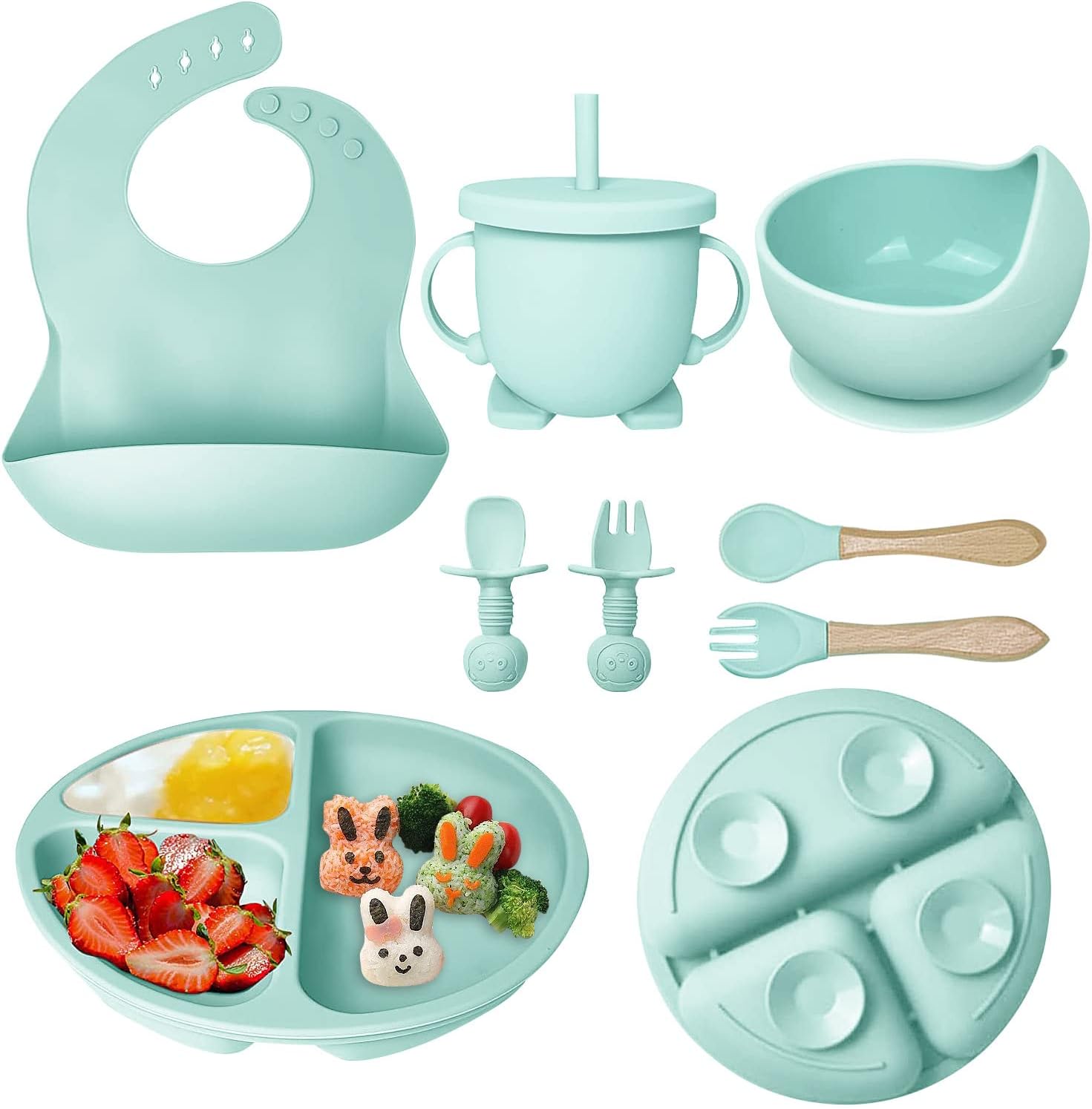 Hoidokly Juego de alimentación para bebés, 8 piezas de suministros de destete LED de silicona para bebés, incluye plato para bebé, cuenco, babero