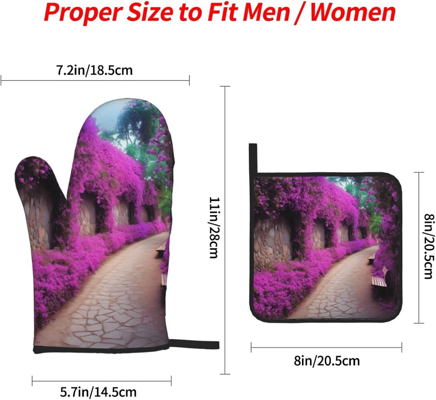 Purple Floral Blooming Path Print Oven Mitts and Pot Holders Heat Resistant Oven Gloves and Hot Pads Gloves Set for Baking