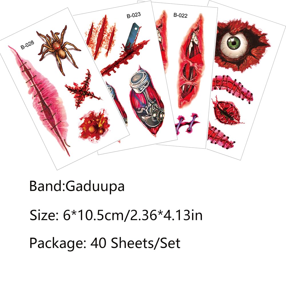 40 calcomanías de tatuaje de Halloween para heridas sangrientas, cicatriz, costra de cara, tatuajes falsos para niños, mujeres, hombres, zombies,