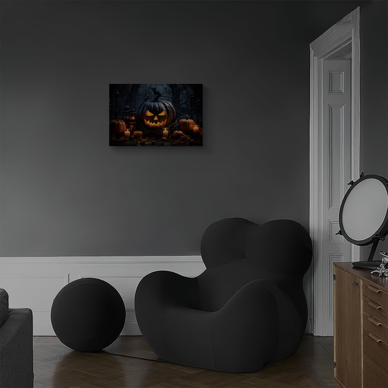 Decoración de Halloween para el hogar, Jack-O’-Lantern en el altar, arte de pared de lienzo negro sonriente espeluznante linterna de calabaza con