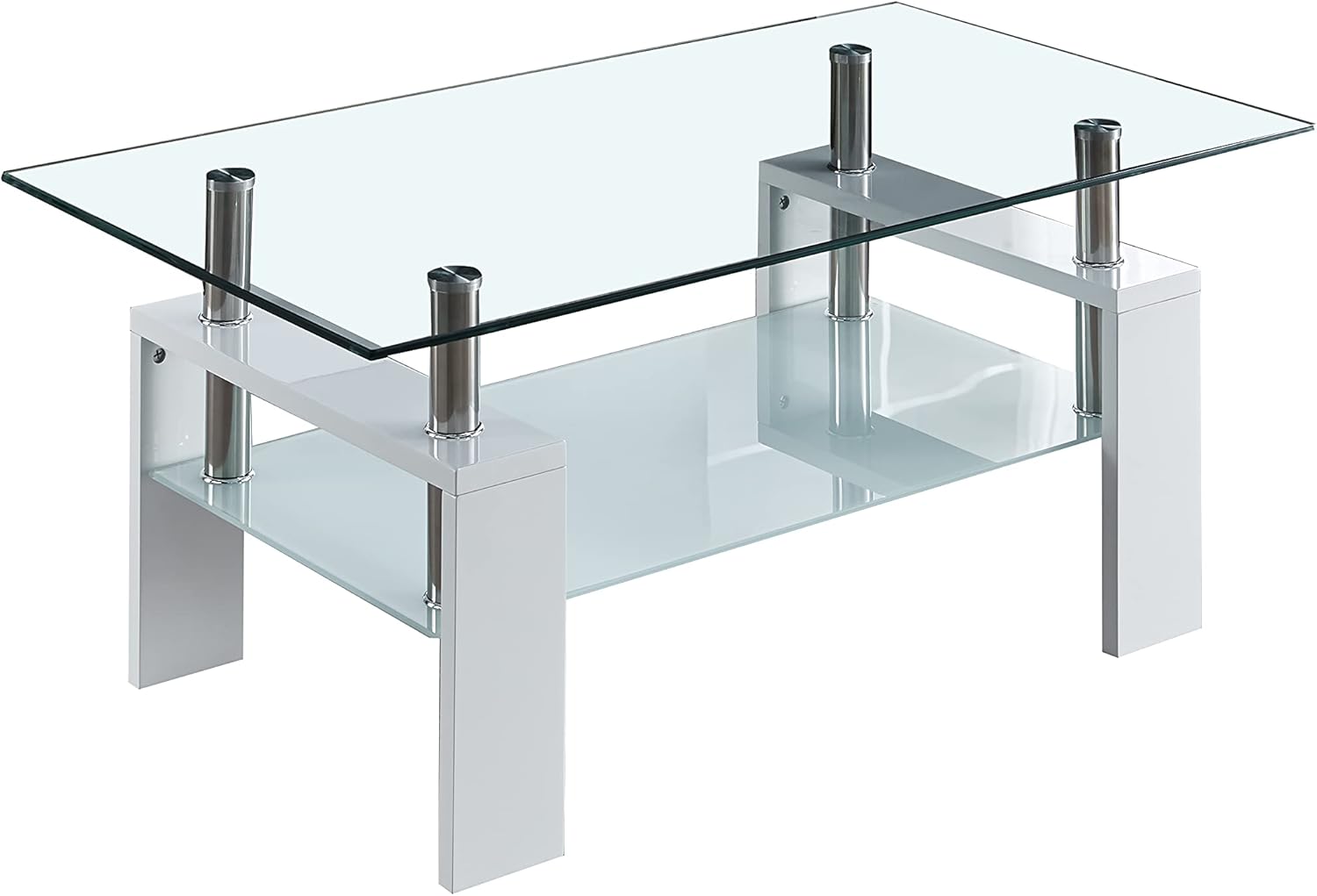 Mesa de centro rectangular de vidrio de 37 pulgadas, mesa de centro lateral blanca moderna con estante inferior, mesa de centro de doble capa con