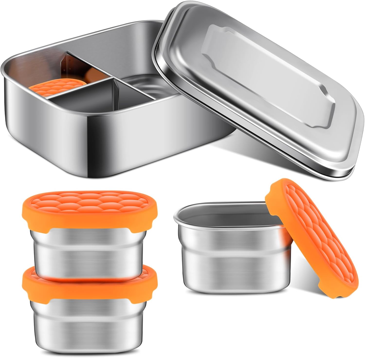 Nitial Juego de 4 recipientes de alimentos de acero inoxidable con tapas, juego de 3 secciones para control de porciones, 3 recipientes