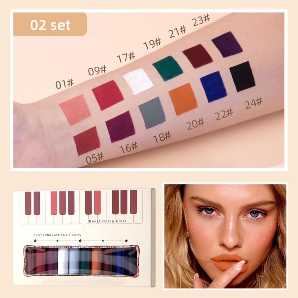 Juego de lápices labiales líquidos mate, kit de brillo labial de terciopelo de 12 colores, resistente al agua, larga duración, tinte de labios de